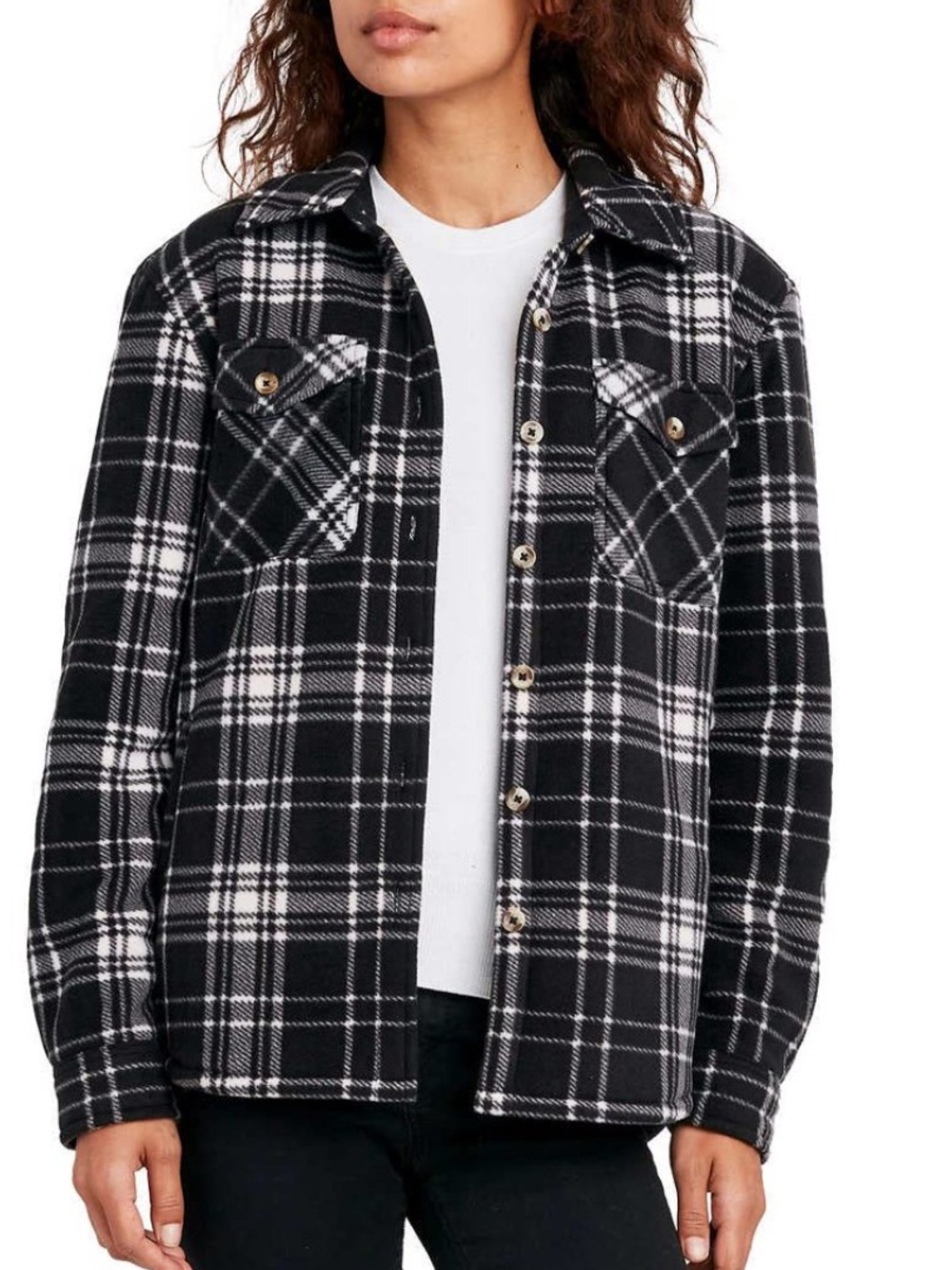 Sage Women’s Black & White Plaid Utility shacket with Chest Pockets
